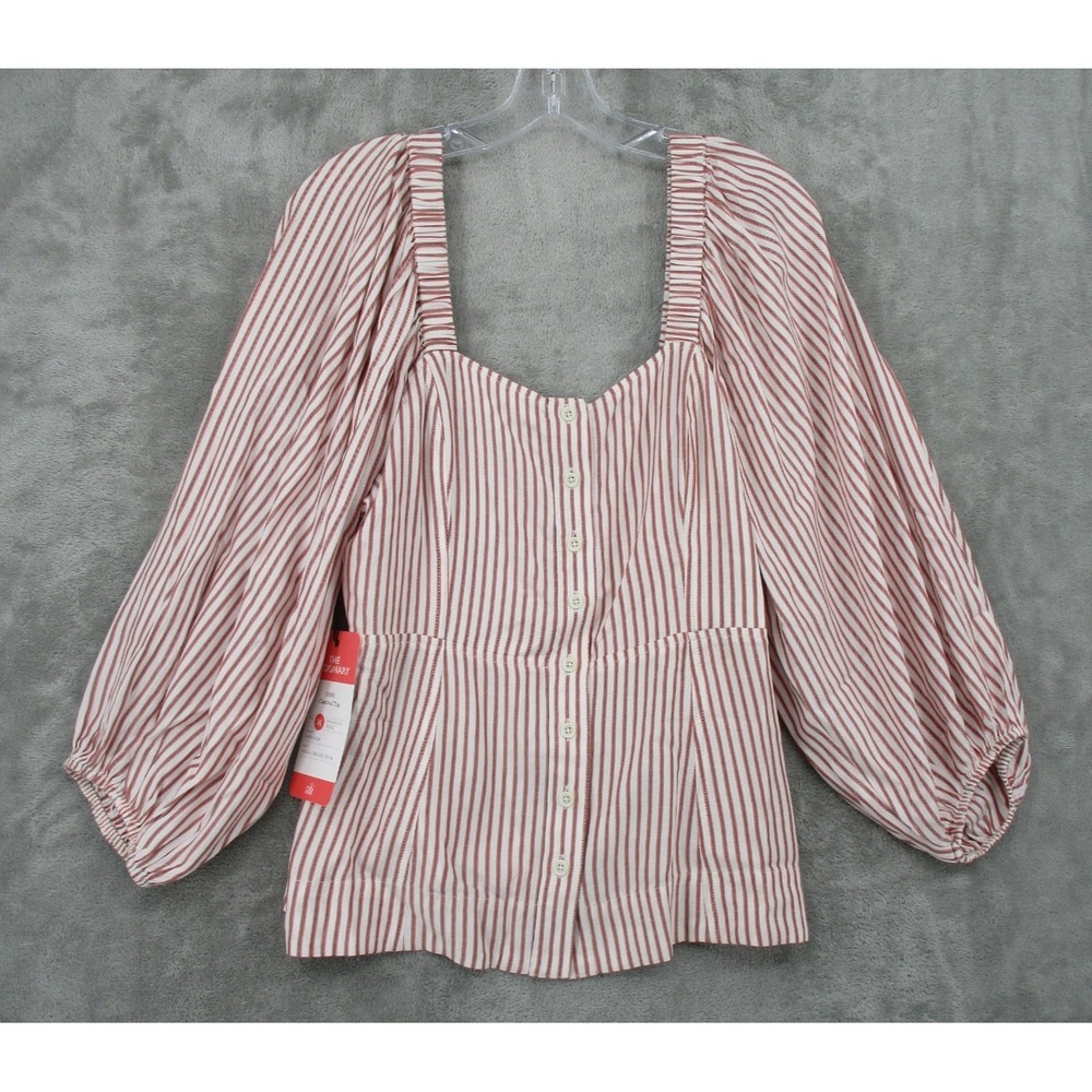 Cabi Blouse Medium Festive‎ Stripe Carnival Milkmaid Button Puff Sleeve 5890 Red